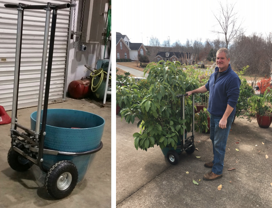The picture John sent me from his shop (left) and John showing off the prototype device on our potted avocado plant. -pot moving device from Tyrant Farms